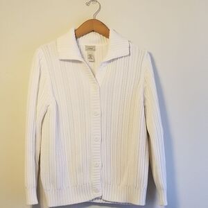 L.L.Bean Vintage Pima Cotton Button Up Collared Cardigan Sweater White Large